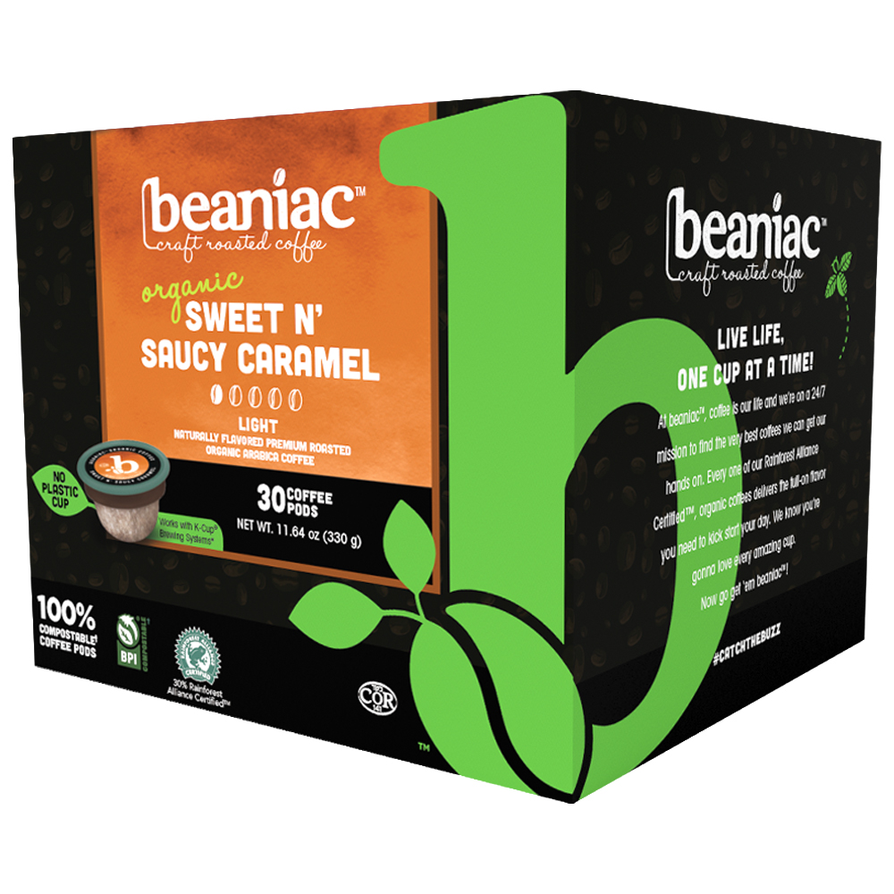 Beaniac Sweet N' Saucy Caramel flavored light roast coffee pods pack of 30 Pods